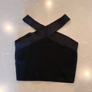 Babaton Black Ribbed Cross-Back Crop Top
